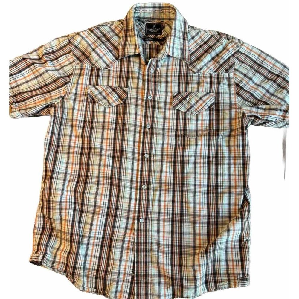 MARC ECKO Short Sleeve Button Snap Plaid Shirt Size L 100% Cotton